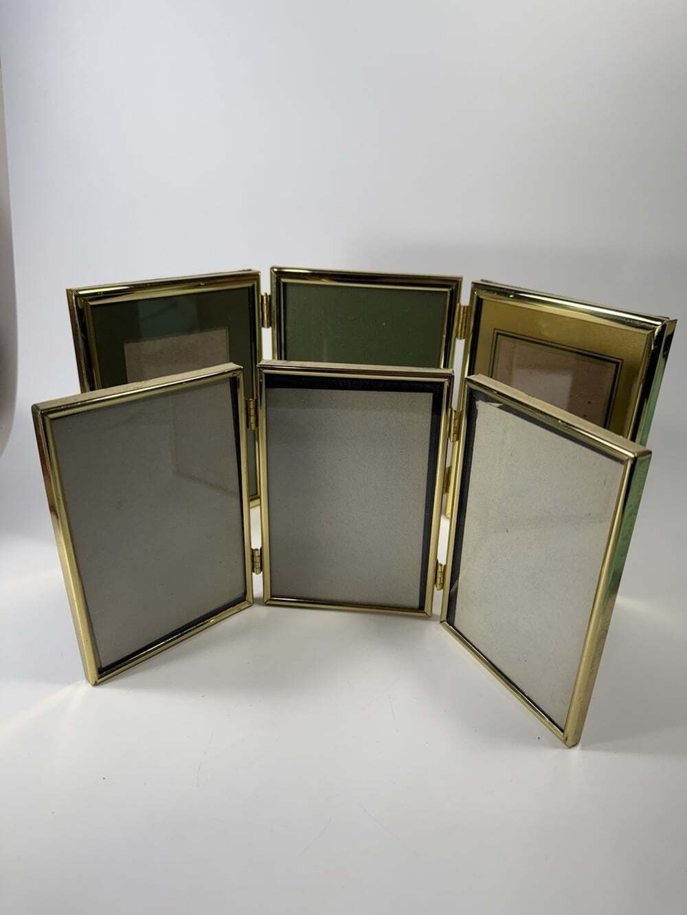 Vtg Pair Of Brass Bifolding Picture Frames Triple Photo Holder Mcm L1